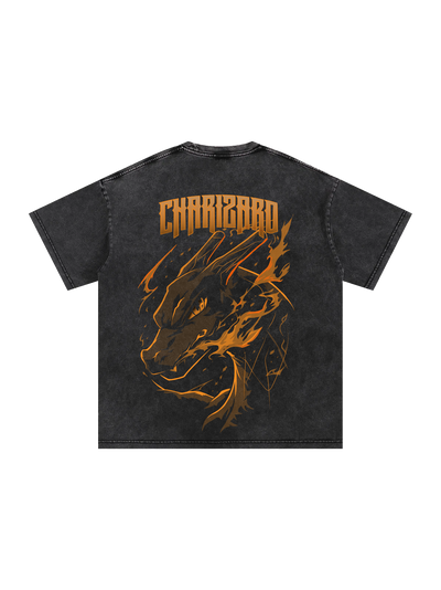 Polera Oversize acidwash Charizard negro kingbink