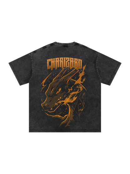 Polera Oversize acidwash Charizard negro kingbink